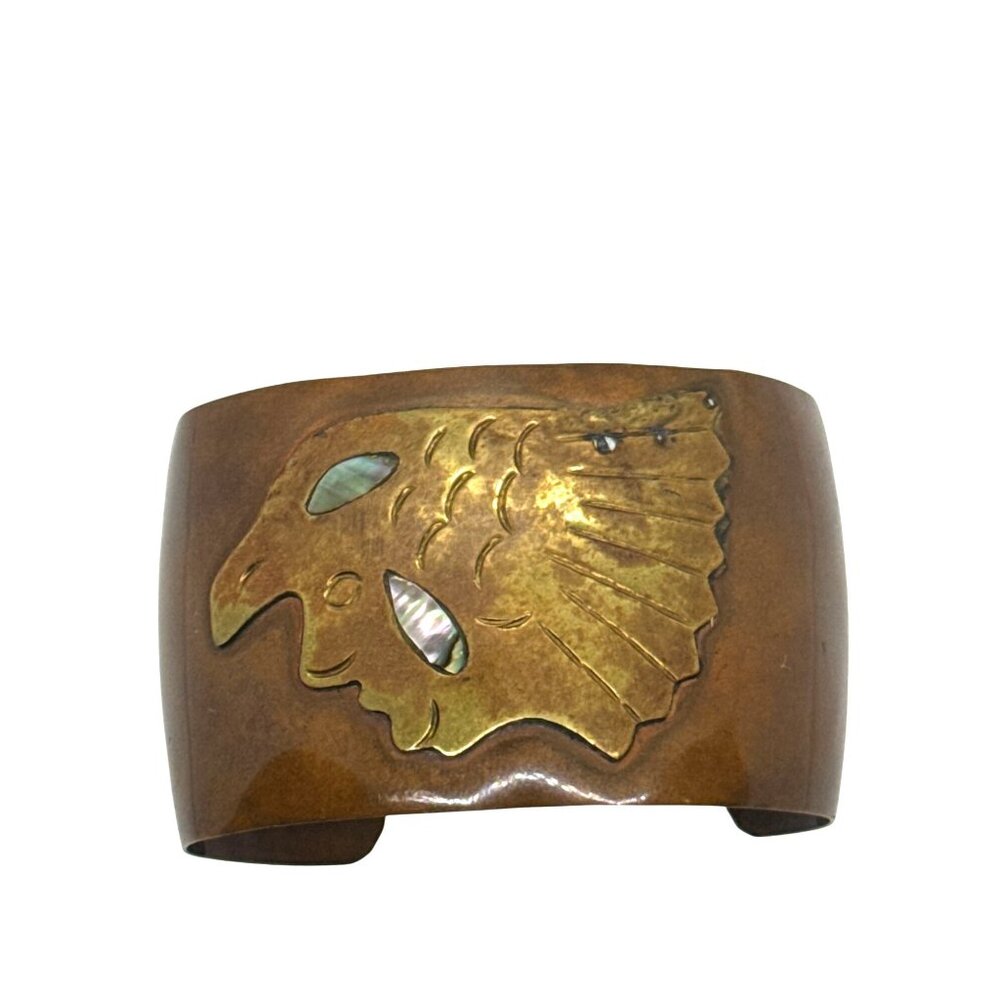 Vintage Mexican Copper Brass Cuff Bracelet Eagle Design Abalone Inlay Boho